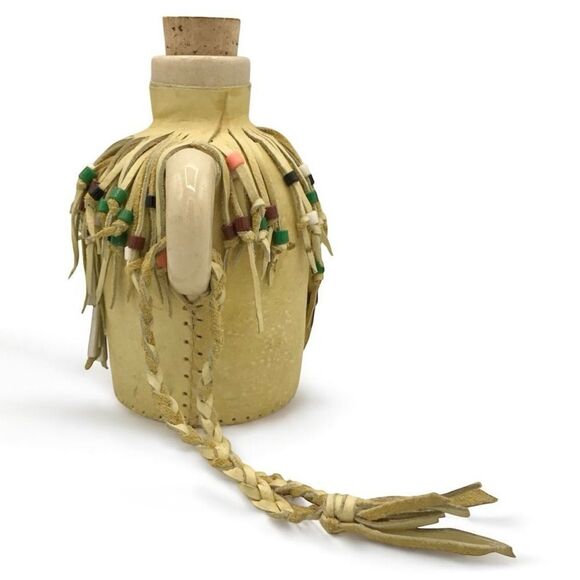 Hobbyist Suede Leather Wrapped Ceramic Jug with Beaded Fringe Braided Strap - Picture 4 of 16